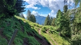 Salendo al Roda Di Vael uno stupendo panorama di monti azzurri incastonati tra la vallata verde piena di alberi.